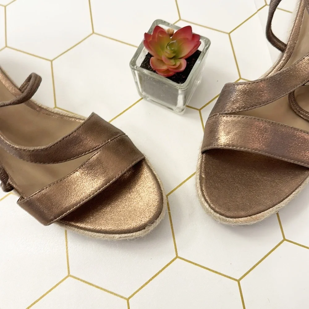 NEW Eileen Fisher Wanda Gold Metallic Leather espadrille wedge sandals women 10
